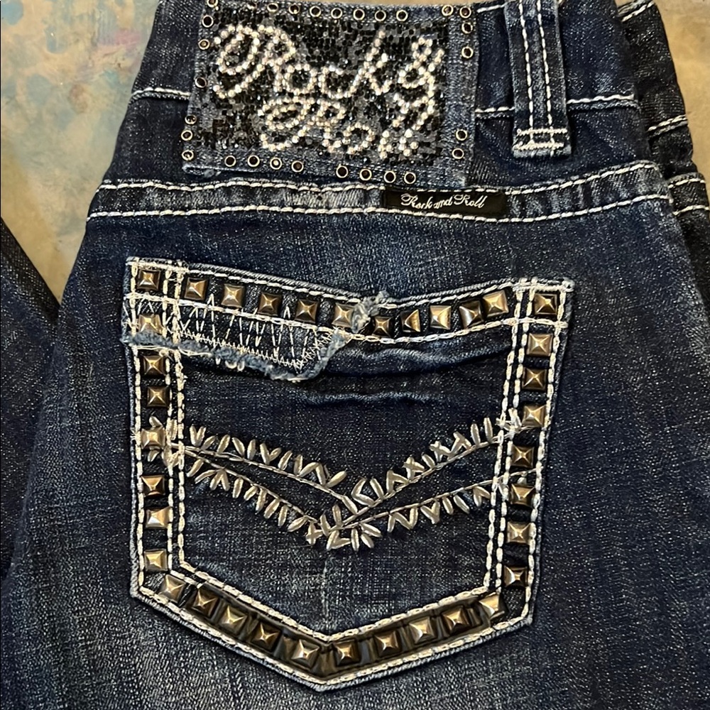 Rock & Roll Cowgirl Blue Denim Jeans with Studded Design